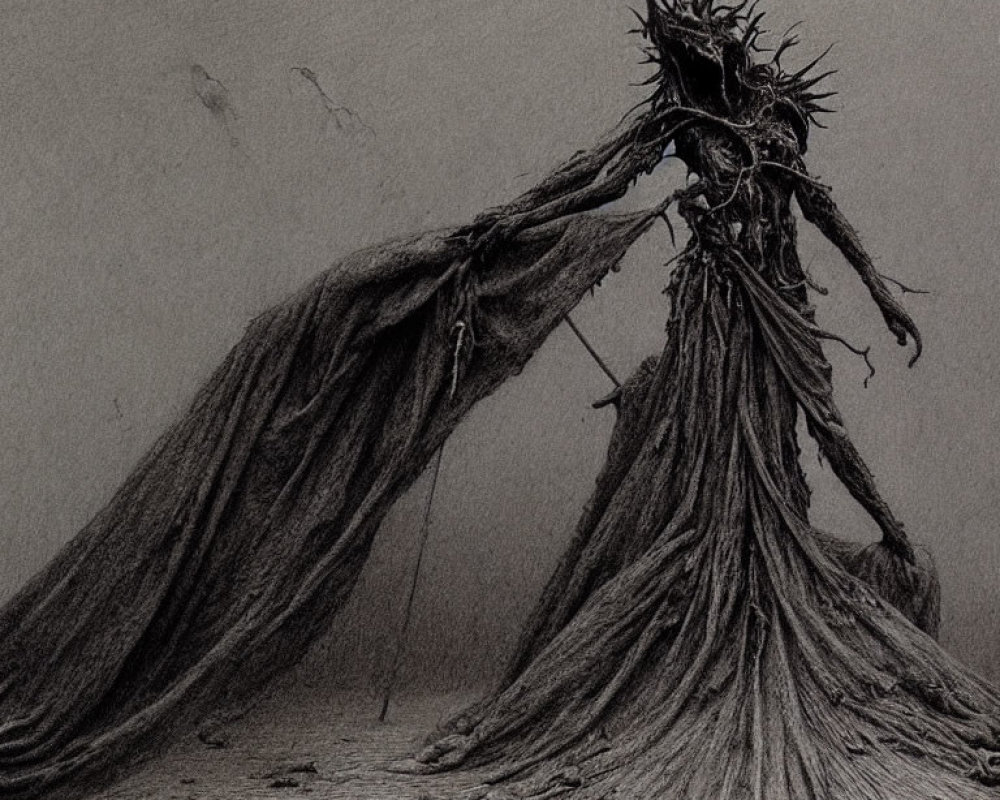 Monochrome sketch of menacing tree-like creature