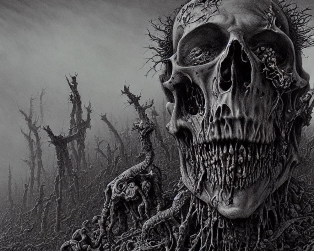 Detailed Monochromatic Skull Illustration with Twisted Trees Background