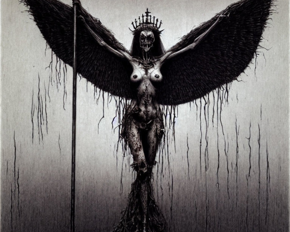 Surreal artwork of figure with wings and crown, surrounded by drips