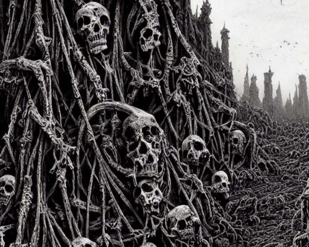 Gothic landscape with bone structures and macabre details