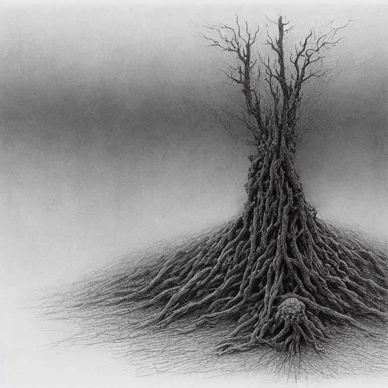 Detailed pencil sketch of barren tree with intricate roots on mound