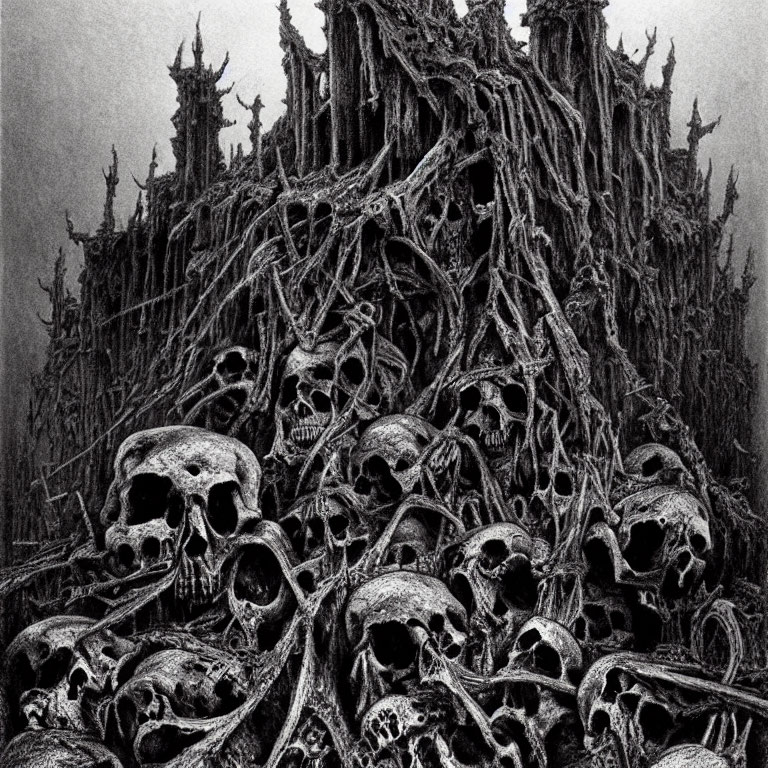 Macabre black and white illustration of skull mountain castle