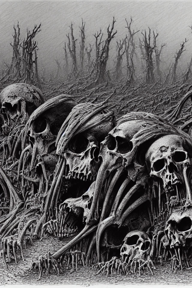 Monochrome artwork with human skulls and bones intertwined with trees in a desolate landscape