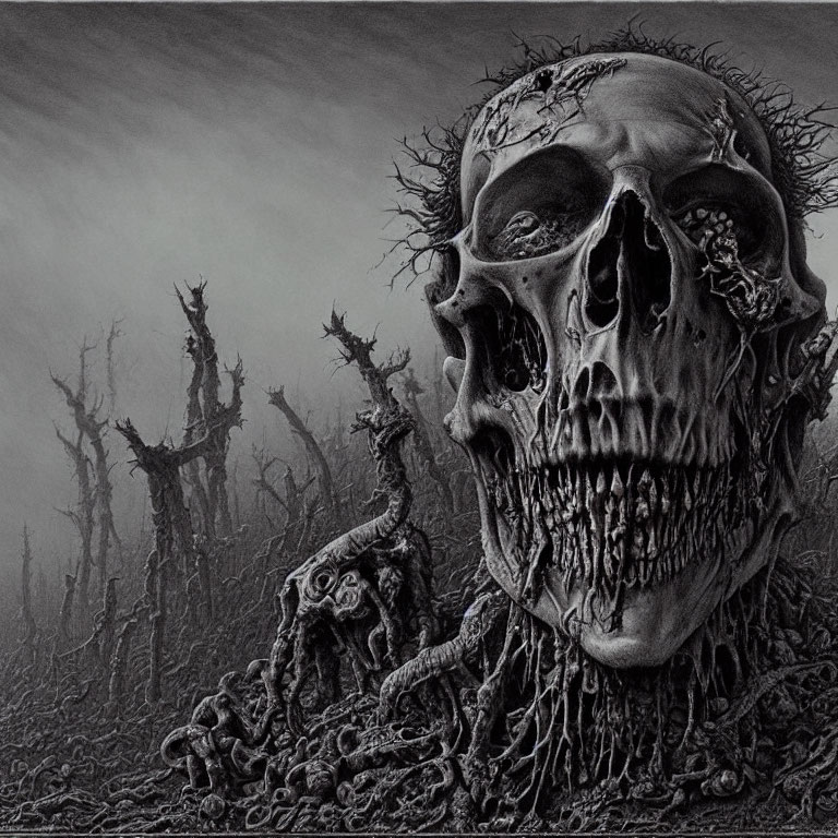 Detailed Monochromatic Skull Illustration with Twisted Trees Background