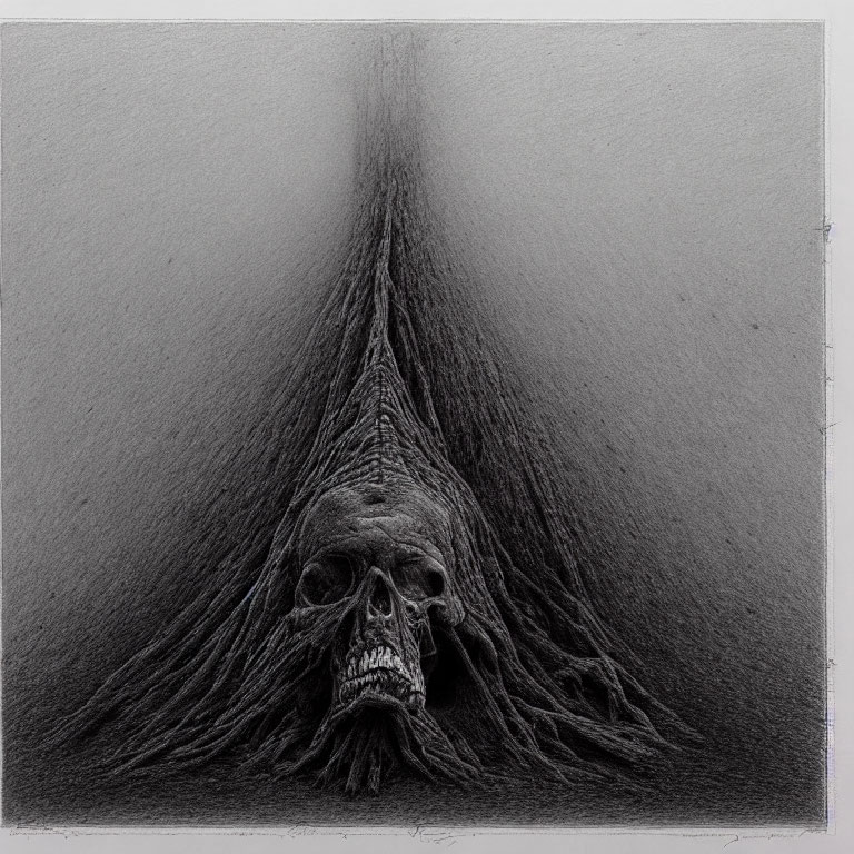 Graphite illustration of skull with flowing, elongated textures.