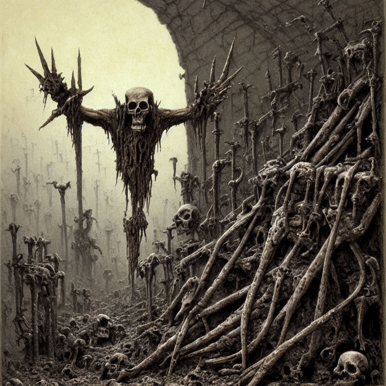 Skeletal figure with skull head and bat-like wings in misty landscape