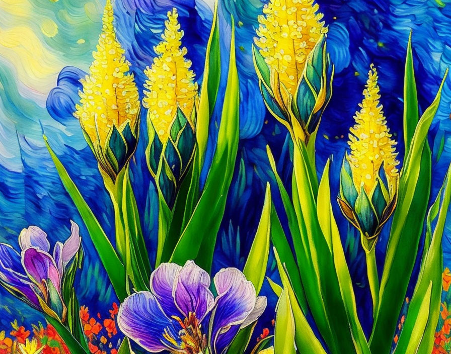 Colorful Lupine Flower Painting with Swirling Background