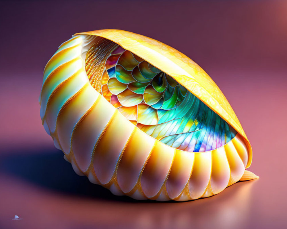 Colorful digital nautilus shell on pink and purple gradient background