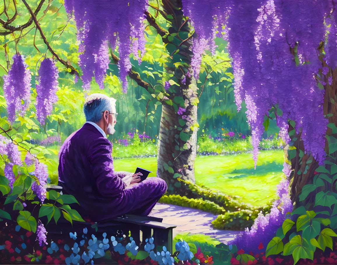 Elderly person in purple suit reading book in vibrant garden