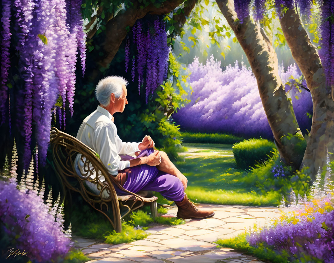 Elderly man on garden bench with purple wisteria and greenery