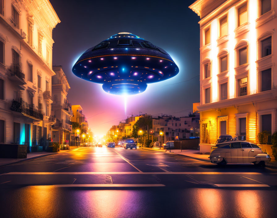 Urban street scene with large UFO casting purple glow at dusk