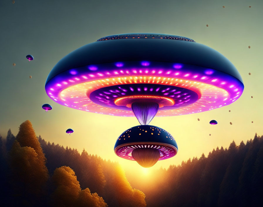 Colorful UFO hovers over forest at dusk with glowing lights