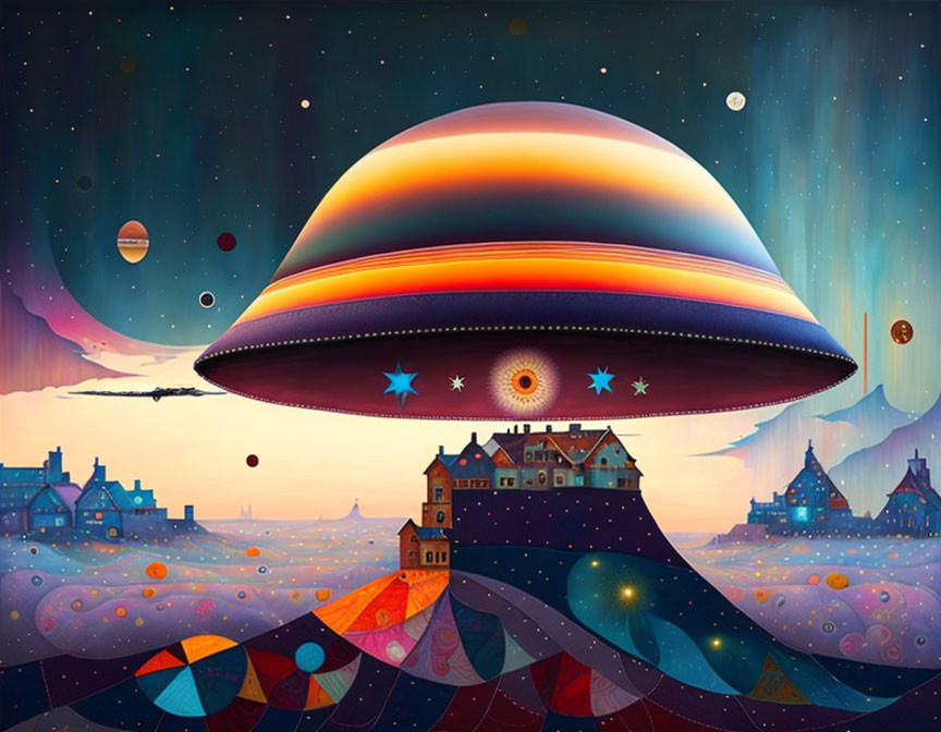 Colorful UFO hovering over textured hills and starry sky with planets