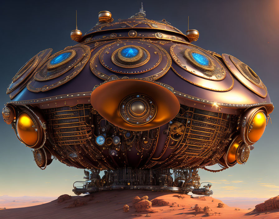 Intricately designed steampunk airship over desert landscape at dusk