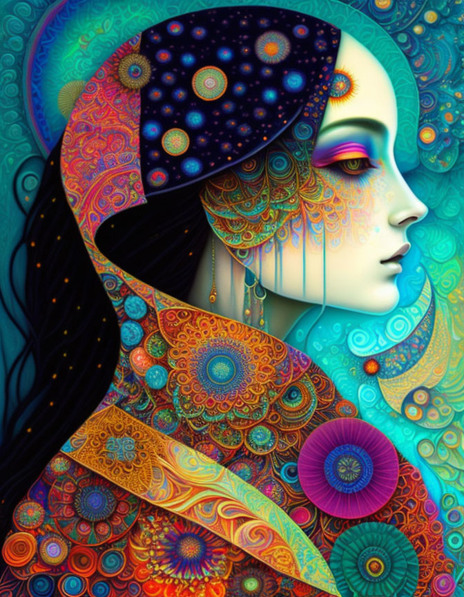 Colorful illustration of woman with intricate patterns and celestial motifs, exuding dreamlike quality