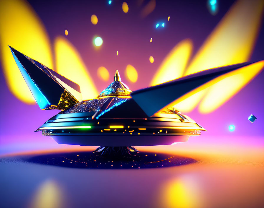 Futuristic Spaceship on Vibrant Purple and Orange Gradient Background