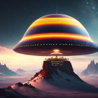 Colorful UFO hovering over textured hills and starry sky with planets