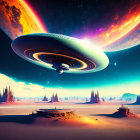 Colorful UFO and galaxies in whimsical landscape