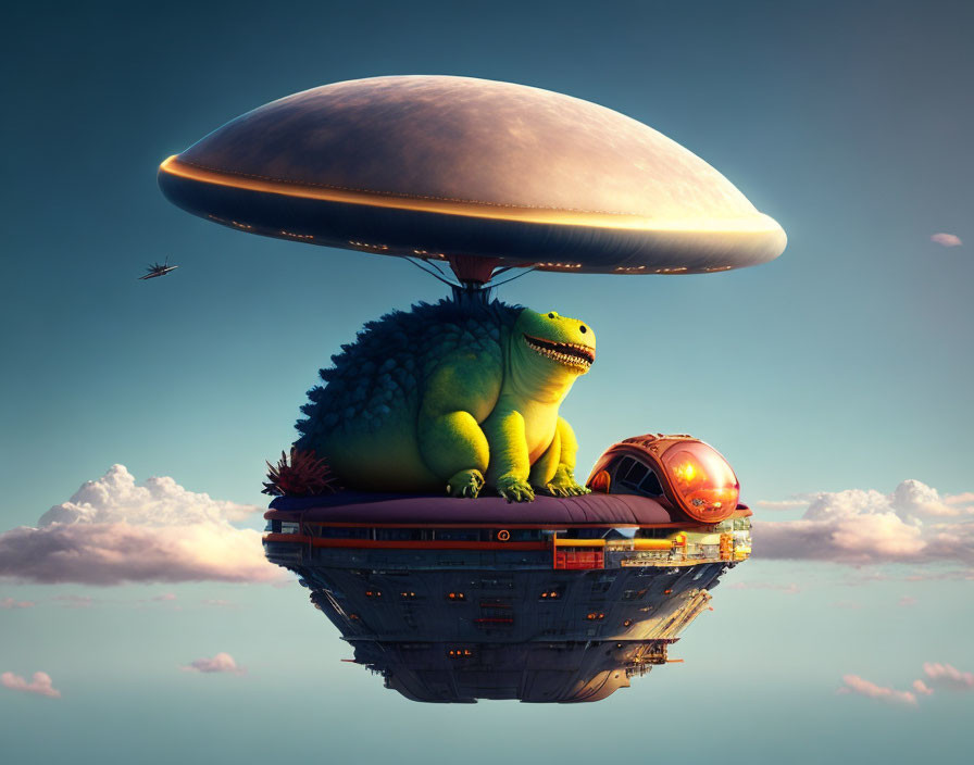 Green Dinosaur on Floating Island Under Giant Mushroom Cap