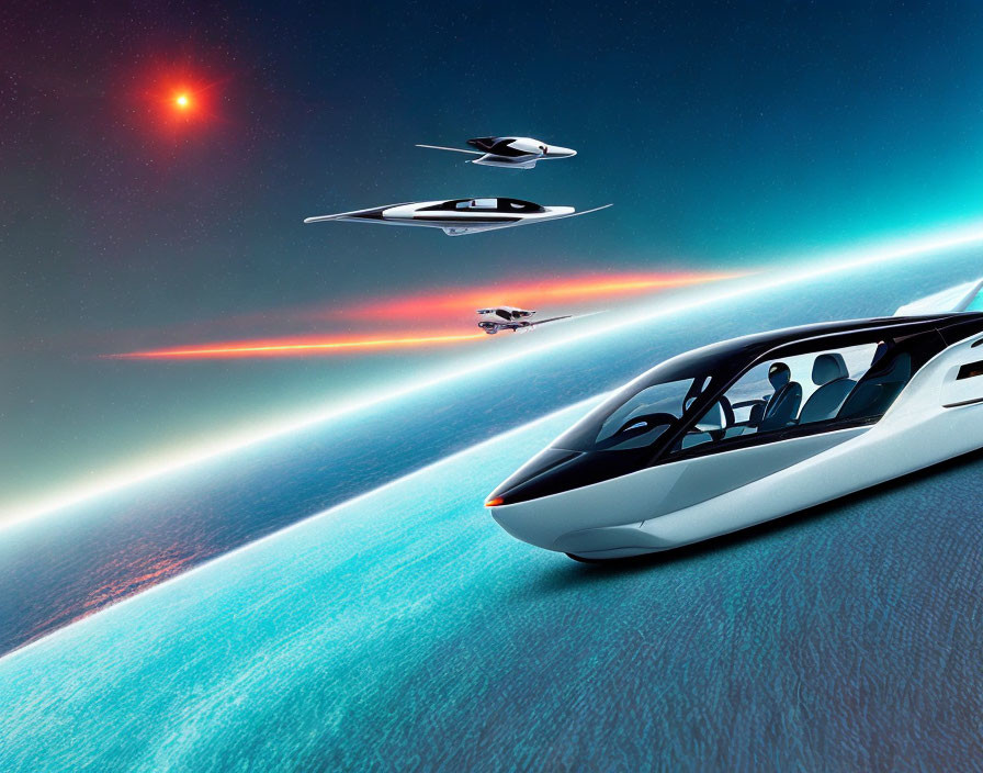 Futuristic flying cars over curved planet with starry sky