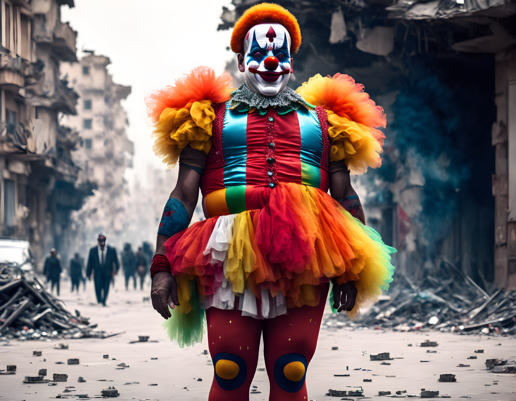 Colorful clown in vibrant costume on desolate street with blurred figures