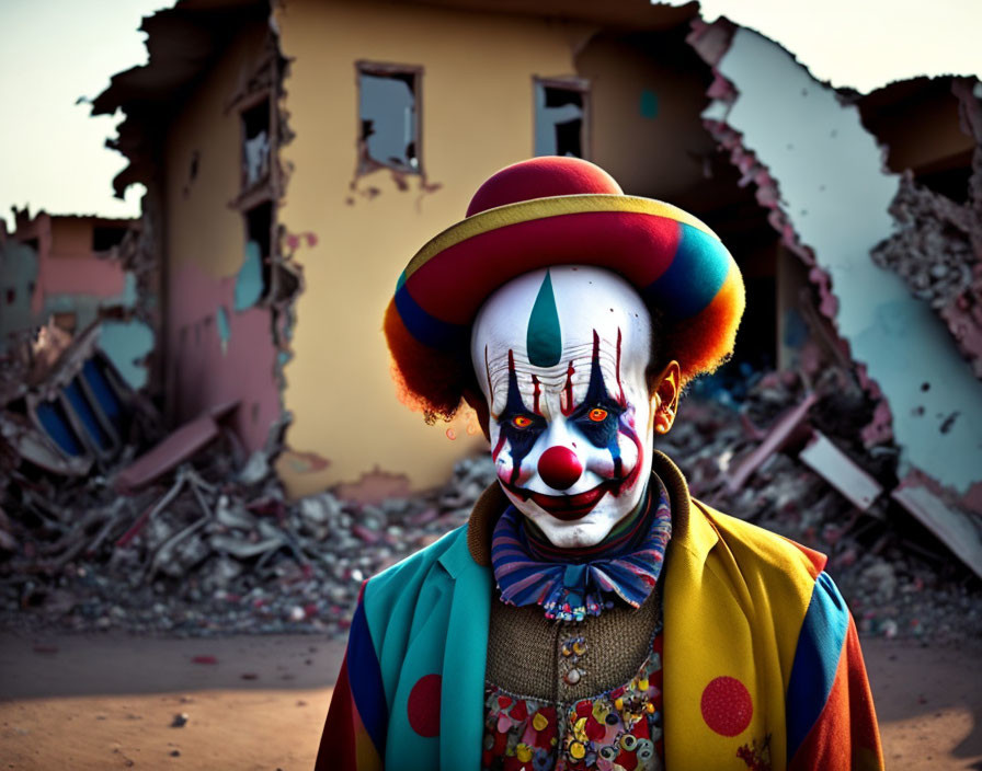 Colorful clown against decaying building - stark contrast captured