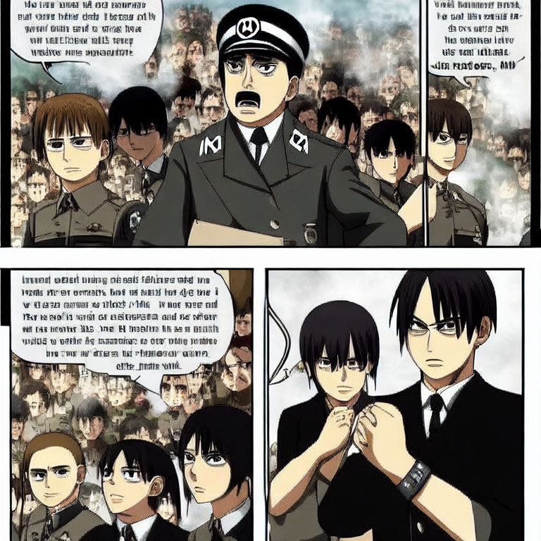 Comic panel collage of uniformed characters with intense expressions and dialogue bubbles