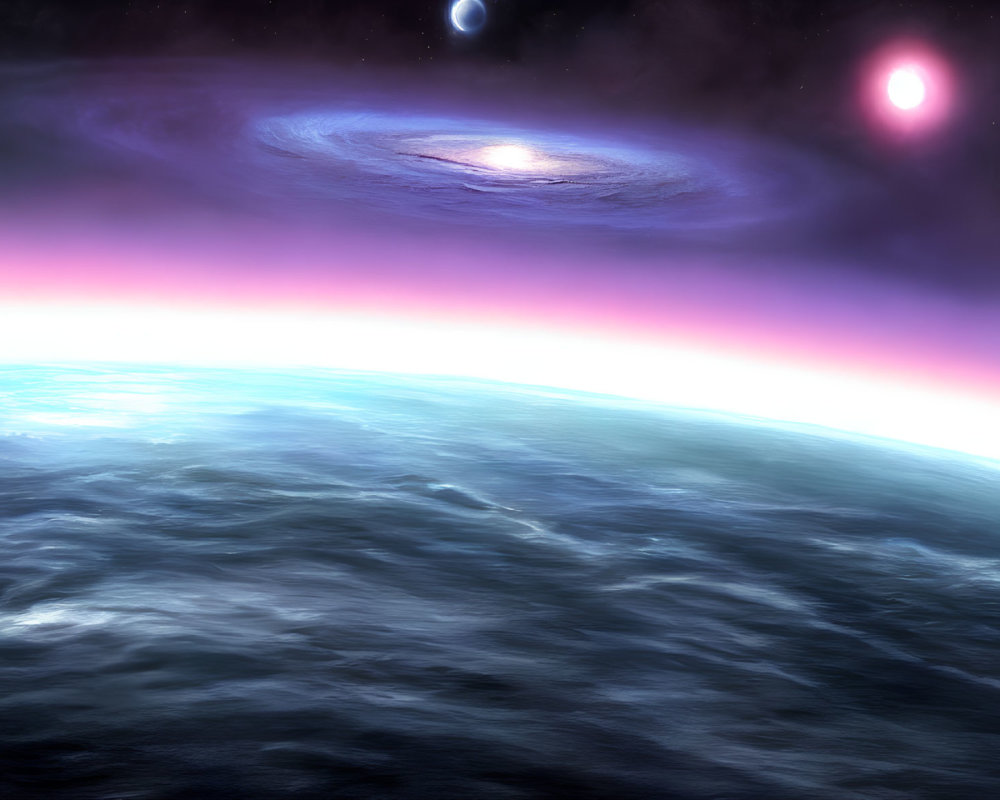 Vibrant galaxy and stars over purple horizon on planet's surface