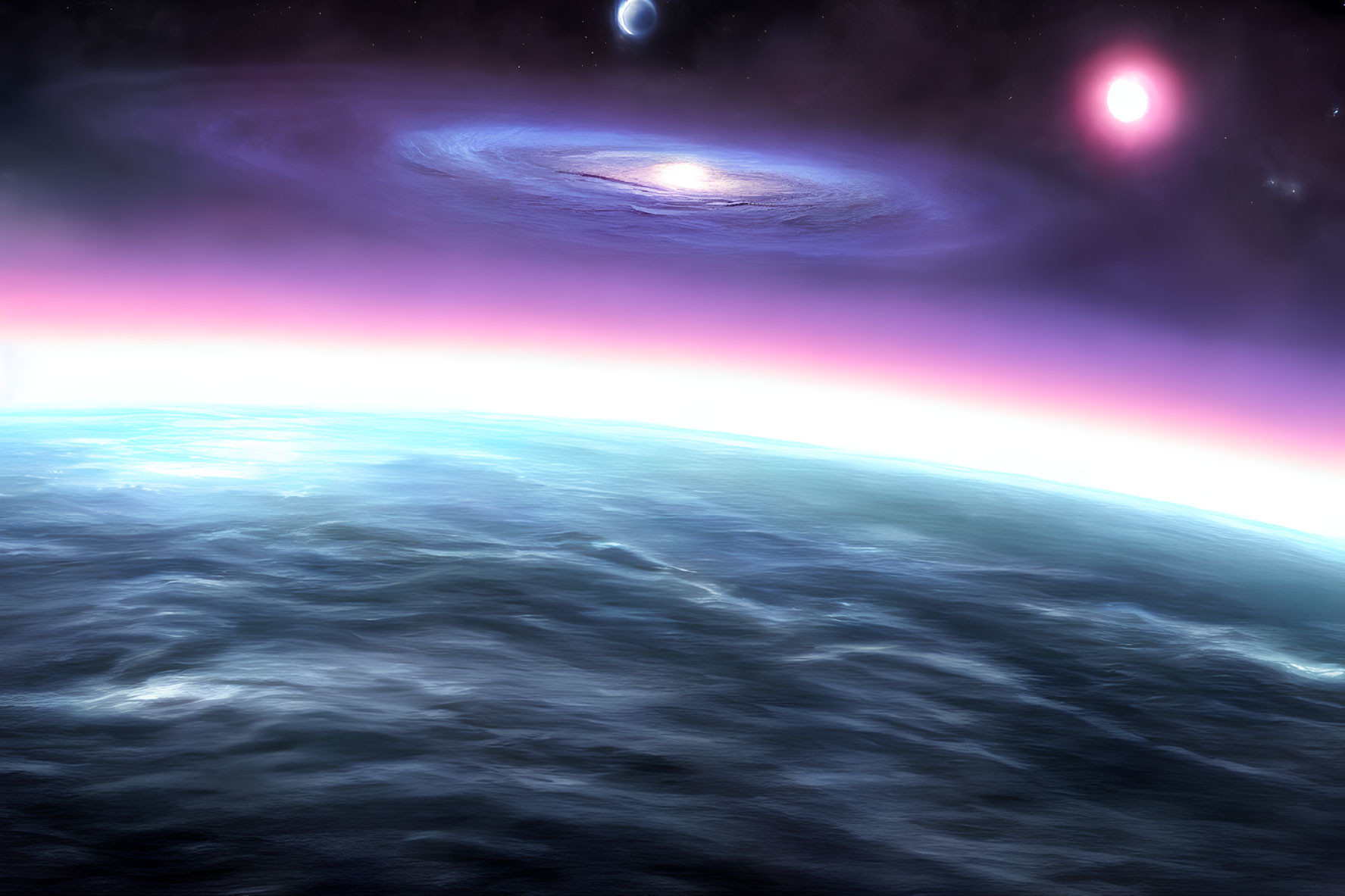 Vibrant galaxy and stars over purple horizon on planet's surface