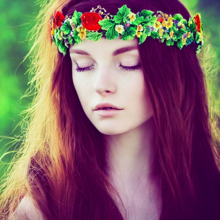 Red-haired woman with flower crown in serene nature setting.