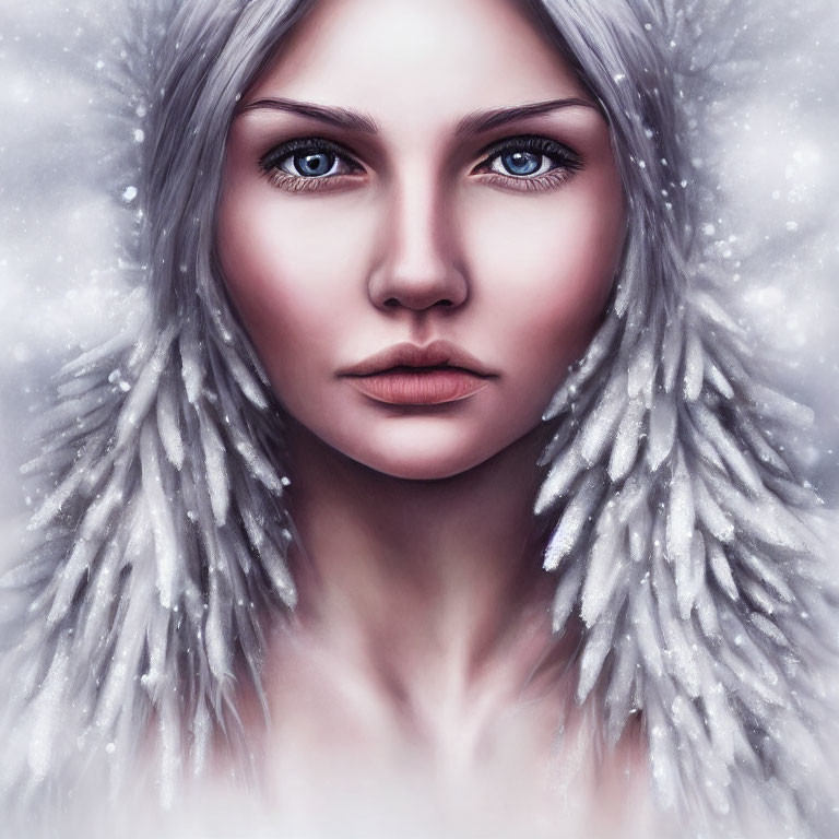 Portrait of Woman with Piercing Blue Eyes in Snowy White Fur Hood
