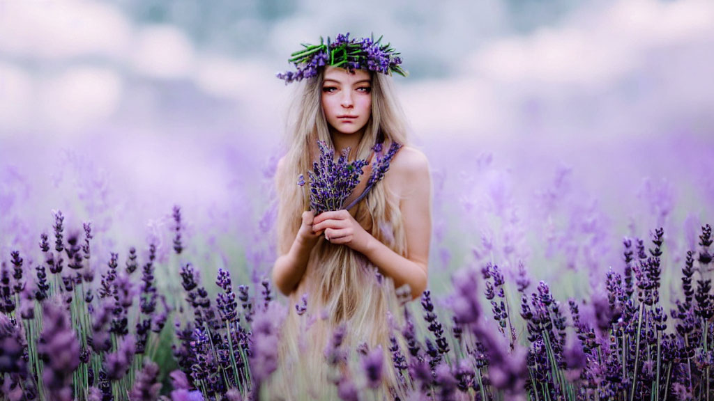 Woman in floral crown surrounded by lavender field with bouquet