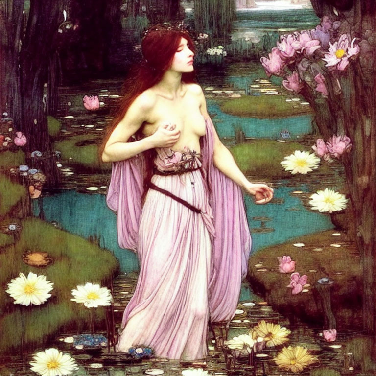 Pre-Raphaelite Style Painting of Woman in Pink Dress by Waterlily Pond