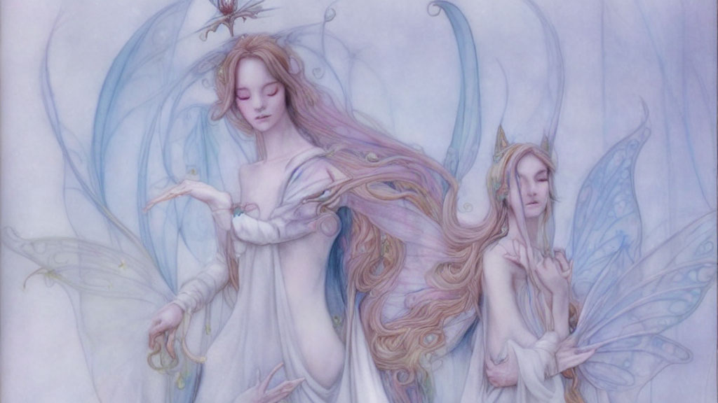 Ethereal fairy figures with delicate wings in serene blue setting