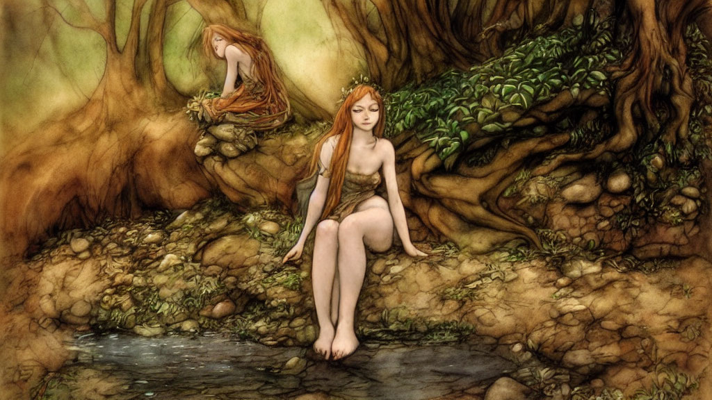 Ethereal red-haired figures in tranquil woodland setting