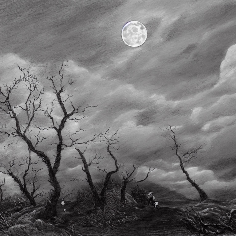 Monochrome night scene with twisted trees, full moon, and figure walking.