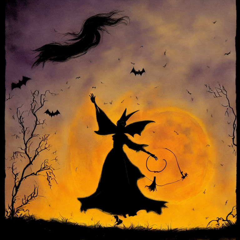 Silhouette of witch with broom under full moon and bats in dusky sky