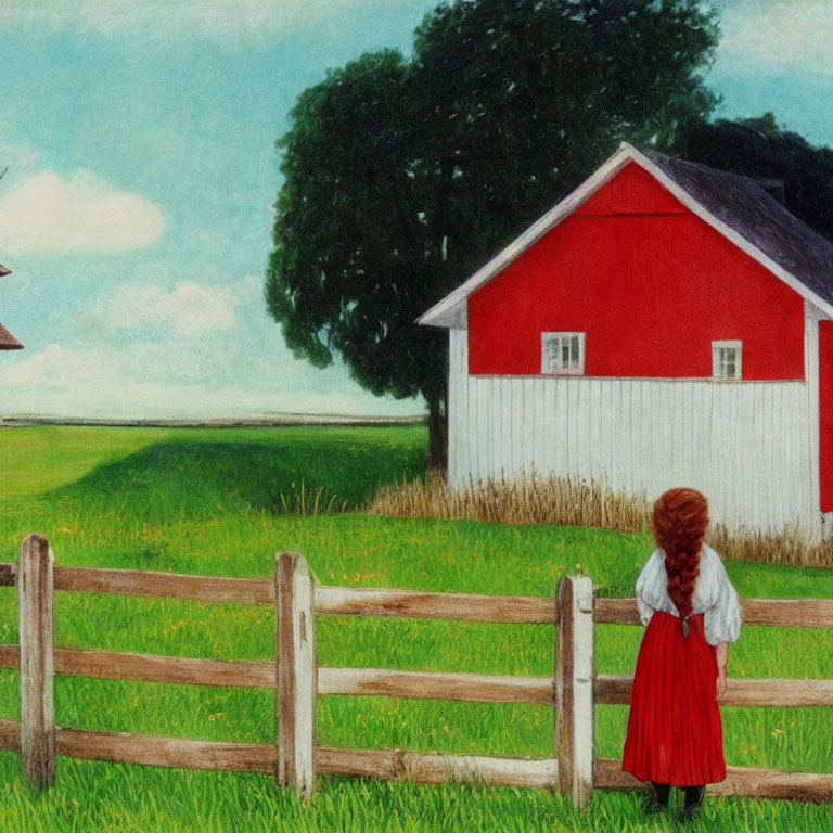 Young girl with braided hair by wooden fence gazes at red barn in serene green landscape