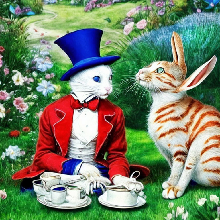 Illustration of human-sized rabbit pouring tea beside curious cat in garden