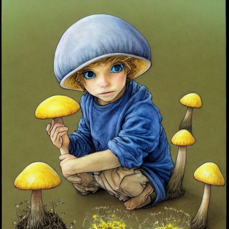 Blond child in blue outfit crouching among tall mushrooms