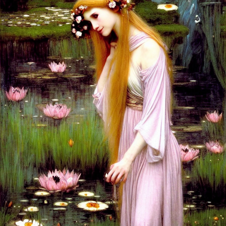 Red-haired woman by lotus pond in lilac gown with flowers in hair