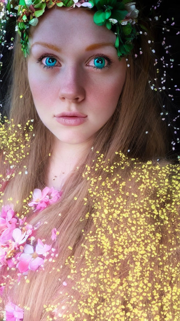 Portrait of a woman with blue eyes wearing a floral crown and yellow shawl