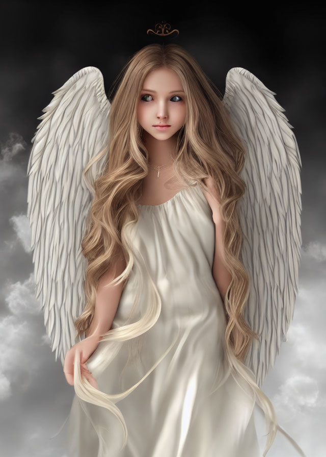 Female figure with long hair, angel wings, elegant gown, cloudy backdrop