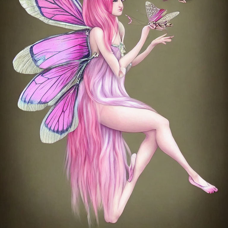 Illustration of whimsical fairy with pink hair and butterfly on hand