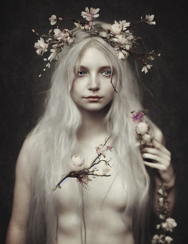 Pale figure with white hair, blue eyes, and floral crown on dark background