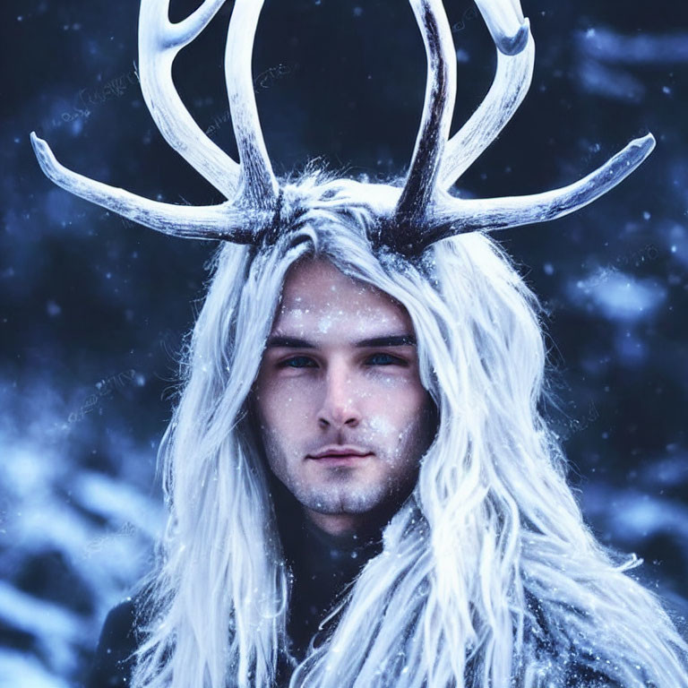 Person with Long White Hair Wearing Antler Crown in Snowy Scene