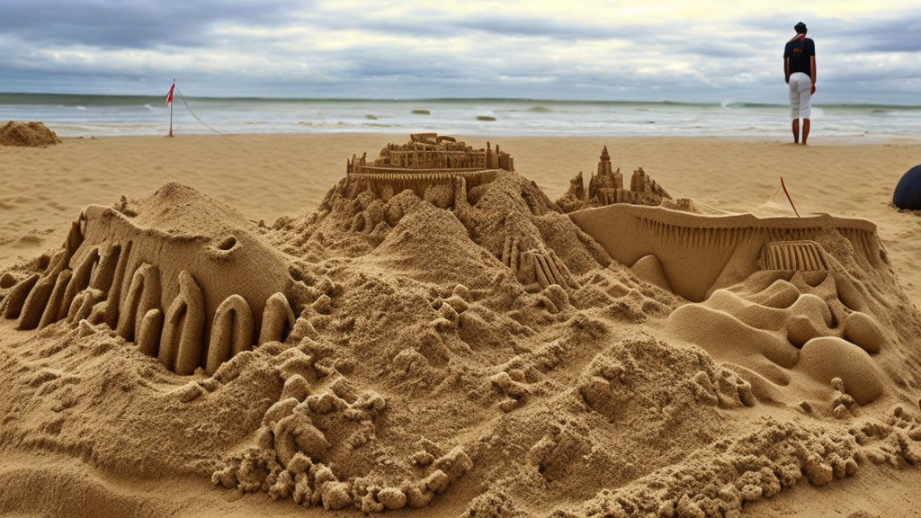 Elaborate sandcastle with towers and walls on beach under cloudy sky