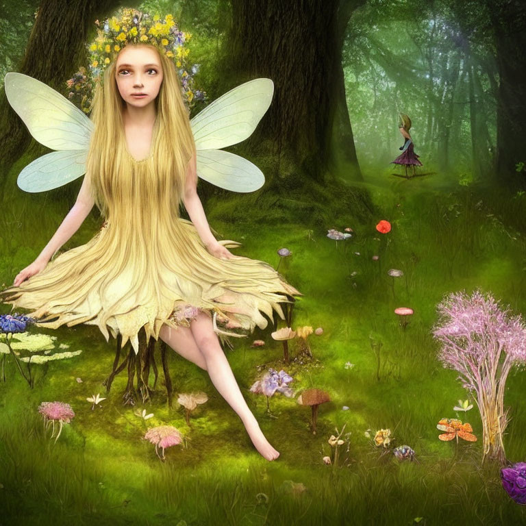 Digital artwork: Fairy with translucent wings in mystical forest