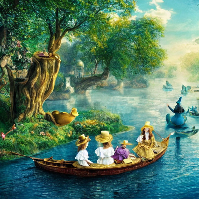 Vintage boat with three people on serene river surrounded by lush greenery and giant ducks, quaint cottage in