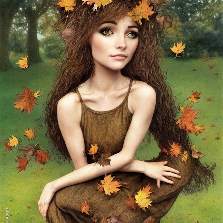 Young woman with fall leaves in hair, brown dress, seated in forest setting with falling leaves.